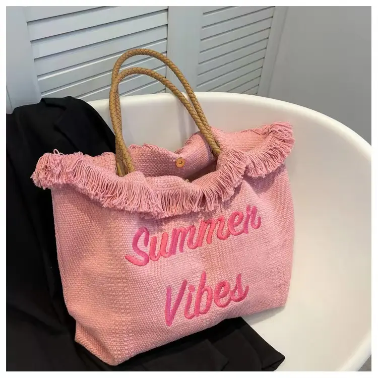 2023 Fashion new summer letter embroidered Tote bag beach large Tassel lady handbag girl canvas shoulder bag For women