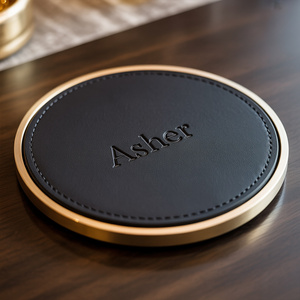Wholesale Custom Sewing Thread Embossing logo Promotion Pu Leather Matte Metal Base coaster Cup Coasters for Drinks