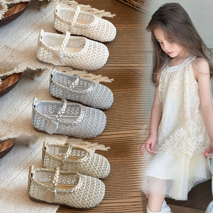 Sandales plates en maille tressée coréenne pour filles, collection Printemps-Été 2026, style résille ajourée - Product Image 1