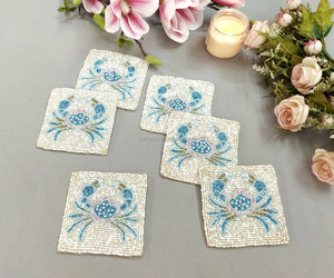 2025 Hot Selling Customized Handmade <b>Beaded</b> <b>Placemats</b> Table Mat Hand Embroidery Blue Spider Mug Rug Coasters for Gift Ideas - Product Image 1