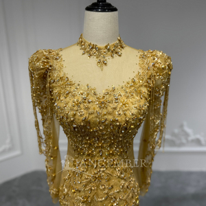 Robe de soirée sirène de luxe Xs228 en dentelle royale avec appliques de cristaux et volants, dorée, élégante, pour femme, idéale pour les fêtes et mariages - Product Image 6