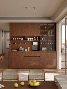 <span class=keywords><strong>Meuble</strong></span> de bar tout-en-un sur mesure, finition grain de noyer, vitrine en verre avec tiroirs et plan de travail, mobilier de <span class=keywords><strong>cuisine</strong></span> minimaliste - Product Image 2