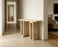 Table console en marbre naturel travertin moderne de luxe personnalisable pour entrée, couloir, hall d'accueil, décoration intérieure d'hôtel