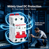 Interruptor Automático DELIXI DC MCB, Capacidad de Ruptura de 10kA, Montaje en Riel DIN, Protección Contra Sobrecarga y Cortocircuitos para Sistemas Fotovoltaicos de Corriente Continua