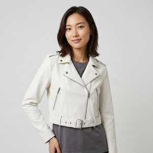 Chaqueta de cuero blanca impecable con cinturón para mujer, estilo biker, con cremallera frontal asimétrica, cuello de solapa, manga larga, chaquetas de cuero blancas modernas - Product Image 2