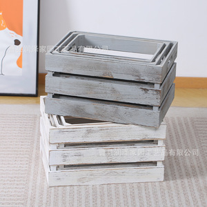 Juego de cajas de almacenamiento de madera vintage, rectangulares, apilables, para ordenar y organizar, color blanco desgastado, gris retro - Product Image 1