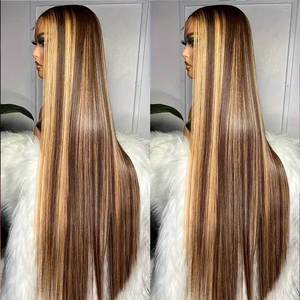 Peluca de Cabello Humano Virgen Natural con Reflejos Rubios Marrones, Ondulado, Pre-Desplumada, con Encaje Frontal Transparente HD - Product Image 1