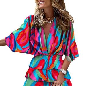 Robe de sport pour femmes col en V manches chauve-souris lâche taille élastique robe imprimée Mini robes décontractées à ourlet à volants - Product Image 5