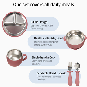 Ensemble de repas pour <span class=keywords><strong>bébé</strong></span> et tout-petit Fubon en acier inoxydable 304 et silicone, kit de vaisselle de sevrage avec ventouse antidérapante et lavable - Product Image 4