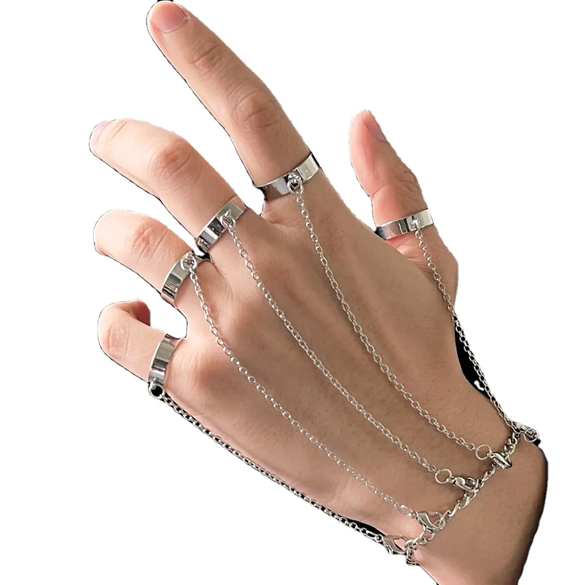 Y760 Punk Geometric Silver Color Chain Wrist Bracelet for Men Ring Charm Set Couple Emo Fashion Jewelry Gifts