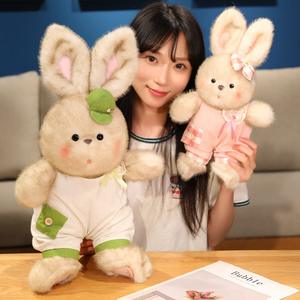 ヴィンテージ風うさぎのぬいぐるみ、オーバーオールとチェック柄のリボン付き、装飾用マルチスタイル - Product Image 4