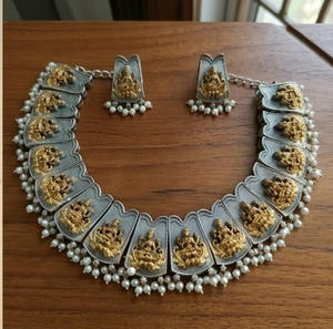DIVYORO Gold Tone Deity Motif <b>Necklace</b> Set with Pearl Drops Oxidized Fashion Jewelry Designer <b>Statement</b> <b>Necklace</b> with Earrings - Product Image 5