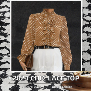 Blusa de Mujer de Manga Larga, Estilo Vintage, Ecológica, con Cuello de Encaje Francés y Botones, Informal, para Primavera 2024 - Product Image 2