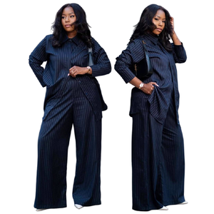Ensemble tendance deux pièces SH7708 pour femme : chemise rayée à manches longues et pantalon large – Tenue africaine - Product Image 1