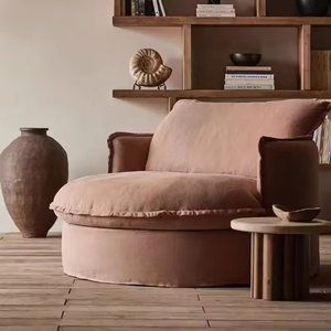 Canapé rond en lin et coton de style Wabi-Sabi, housses entièrement amovibles, tissu vintage, fauteuil individuel pour balcon - Product Image 3