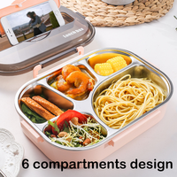 Lonchera Personalizable de Acero Inoxidable 304, Rectangular, Apta para Calentar, con Tapa de Plástico Hermética y 5 Compartimentos, para Oficina y Escuela