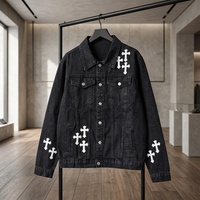 Veste en jean noir délavé pour homme, style gothique avec patch croix, manteau de camionneur vintage, streetwear, logo personnalisé OEM
