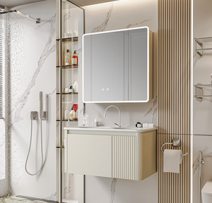 <span class=keywords><strong>Meuble</strong></span>-lavabo haut de gamme en bois massif multicouche de style italien avec porte cannelée, miroir LED intelligent et armoire murale intégrée - Product Image 3