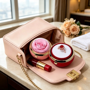 Caja de Almacenamiento de Joyas Redonda de Lujo con Flores Preservadas, Opción en Rosa y Rojo, para Anillos, Collares, Regalos de Aniversario y Propuesta de Matrimonio - Product Image 4