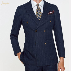 Elegante Completo da Uomo a Righe, Set 3 Pezzi in Tessuto Elasticizzato TR, Lavabile in Lavatrice, Vestibilità Slim, per Affari e Matrimoni, Personalizzabile OEM ODM, <span class=keywords><strong>Blu</strong></span> Navy - Product Image 1