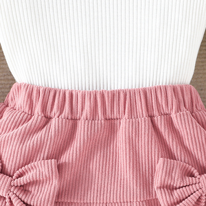 Girl 4-8 Years Casual Woolen Dress Set With Bows Pattern Fashion <b>Bubble</b> Sleeve Top and Pleated Skirt Two-Piece - Product Image 4