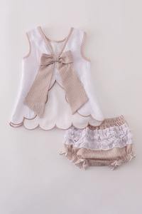 ชุดฤดูร้อนสองชิ้นสำหรับสาวๆชุดเซ็ตกุ้มมีระบายสีน้ำตาลขาวมีสไตล์และสวมใส่สบาย - Product Image 2