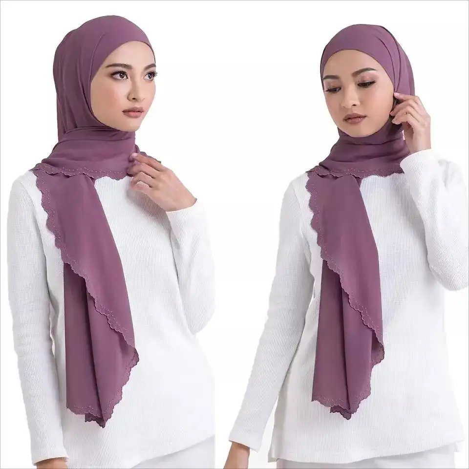 2022 Newest Premium Heavy Chiffon Scallop Embroidery Pearl Chiffon Hijab Embroidery Customized Malaysian Hijab Shawl