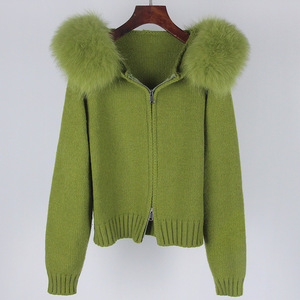 <span class=keywords><strong>Cardigan</strong></span> di lusso in lana di colore <span class=keywords><strong>verde</strong></span> lavorato a maglia con Zip alla moda cappotto con collo di pelliccia di vera volpe giacca calda da <span class=keywords><strong>donna</strong></span> - Product Image 2