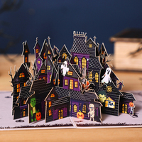 Cartes de vœux 3D pop-up Halloween, chat noir, lanterne citrouille, en papier découpé fait main, vente en gros, personnalisées, OEM, avec enveloppe