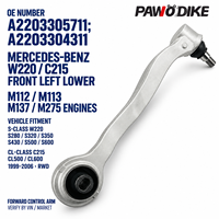 Rakitan Lengan Kontrol Suspensi Kiri Otomotif OE A2203305711 dan A2203304311 untuk Sistem Chassis Penuh Mercedes Benz W220 W215