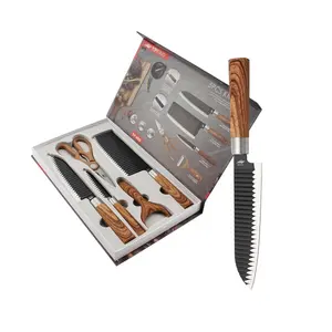 YIPFUNG 5 pièces ensemble de couteaux de cuisine lame en relief en acier inoxydable avec revêtement antiadhésif et poignée de revêtement de grain de bois ABS