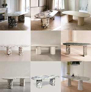 Tùy chỉnh màu be travertine bàn ăn đá tự nhiên bàn ăn với ghế nodic hình bầu dục bằng đá cẩm thạch bàn ăn - Product Image 2