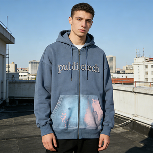 เสื้อฮู้ดดี้แฟชั่นสตรีทแวร์แบบสั่งทำพิเศษ 400gsm ประดับตัวอักษรด้วยคริสตัล ผ้าฝ้าย 100% ทรงบ็อกซี่ฟิต ลุคซักฟอกแบบดิสเทรส ซิปหน้า สำหรับผู้ชาย เป็นมิตรต่อสิ่งแวดล้อม - Product Image 3