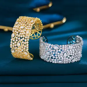 Chunky Big Dubai Gold Colour Jewelry Luxury CZ Dainty Open Bangle for Women with Cubic Zirconia Stone Saudi Gold Plated Bracelet
