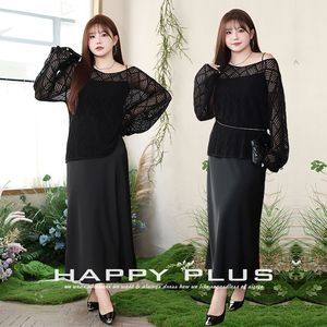 Conjunto de Cárdigan de Punto Calado para Mujer Happy Plus, Falda Midi Negra, Talla Grande, Estilo Casual N8920 - Product Image 5