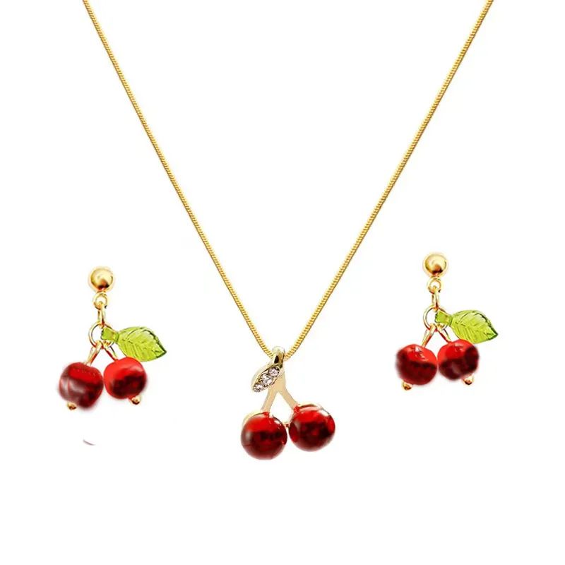 Korean sweet red cherry pendant necklace earrings fashion jewelry