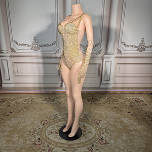 <span class=keywords><strong>Combinaison</strong></span> ZD en strass dorés - Body scintillant à bretelles avec gants assortis pour scène et club - Product Image 3