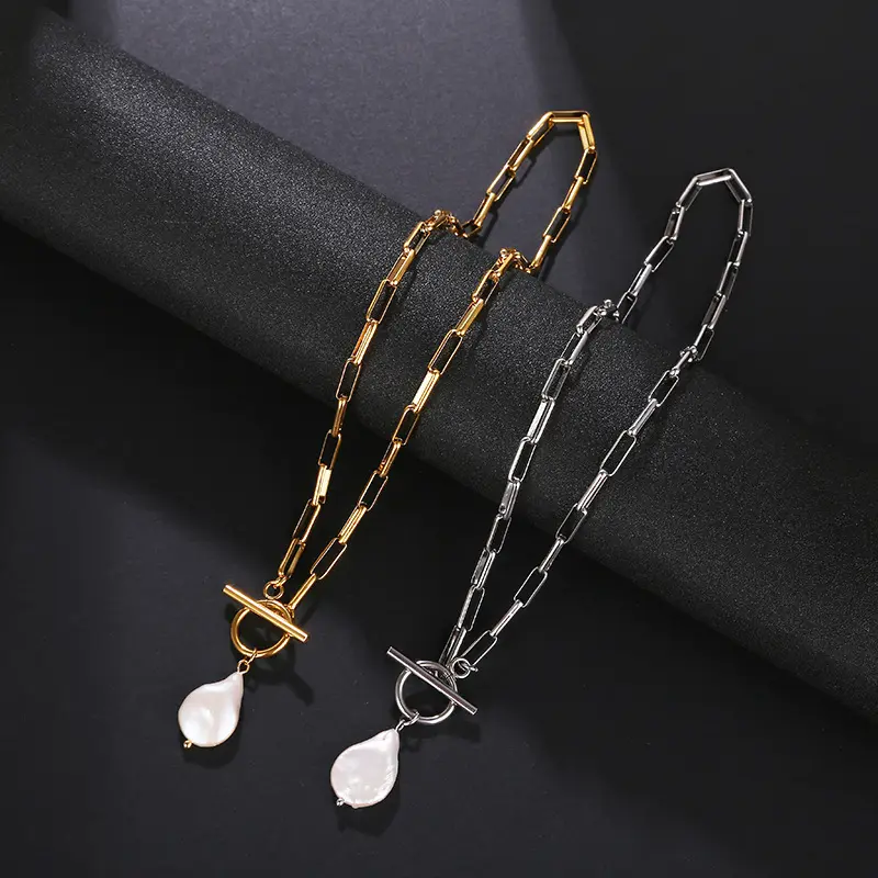 Collar Hot Selling 2022 Summer Female Paper Clip Chain Gold Baroque Freshwater Pearl Pendant Stainless Steel Necklace