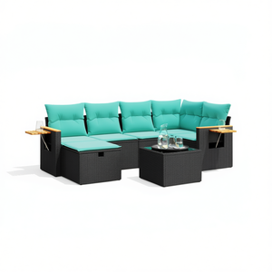 Set di divani da patio in polyrattan nero con cuscini, eleganti mobili da esterno, 7 pezzi - Product Image 1