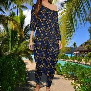 Dropshipping samoa tapa 부족 디자인 여성 2 조각 세트 의류 느슨한 긴 캐주얼 탑과 레깅스 정장 세트 섬 착용