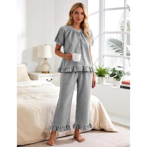 FOXA Womens Striped Pajama Set 2 Piece Cotton Ruffle Button <b>Down</b> Top Long <b>Pants</b> Soft Sleepwear With Pockets - Product Image 2