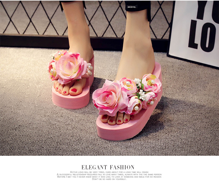 Fashion ladies flower rose upper female shoes anti- slip thick platform casual flip flops sandals for women
