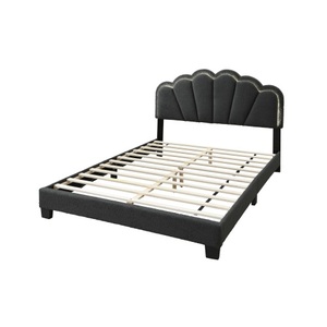 Lit plateforme moderne Queen Size entièrement rembourré en tissu de laine anthracite avec tête de lit florale et éclairage LED, idéal pour appartement - Product Image 5
