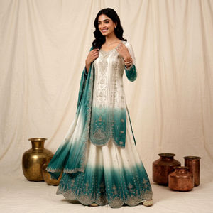 Ensemble Anarkali Palazzo en Georgette Micro Brodé pour Femme avec Dupatta, Infroissable, Extensible, Séchage Rapide, Tenue de Soirée et de Mariage - Product Image 1