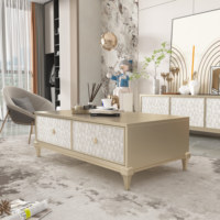 Meuble TV en bois massif couleur champagne, style luxe léger, table basse en bois massif moderne et minimaliste