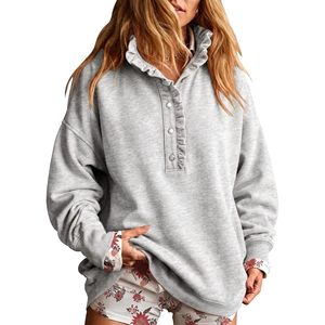 Sweat-shirt personnalisé pour femme, col montant Henley, pull oversize à manches longues, hauts à volants, vêtements de mode automne 2026 - Product Image 1