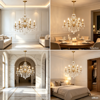 Lustre en cristal à 5 lumières, lampe suspendue en métal doré avec prismes en cristal transparent, luminaire suspendu classique pour salon