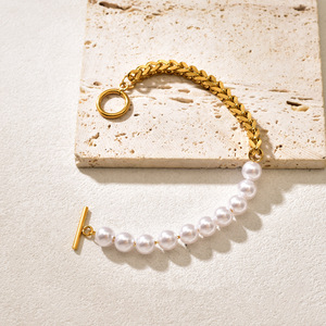 <span class=keywords><strong>Bracciale</strong></span> Classico in Acciaio Inossidabile Placcato Oro 18K <span class=keywords><strong>con</strong></span> Catena a <span class=keywords><strong>Volpe</strong></span> e Chiusura OT, Bracciali <span class=keywords><strong>con</strong></span> Perle Anti-Ossidazione per Donne e Ragazze - Product Image 5