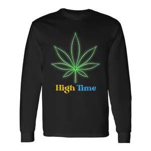 T-shirt à manches longues High Time noir unisexe col rond motif feuille de cannabis vêtements promotionnels - Product Image 1