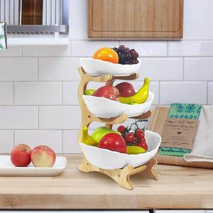 Bandeja de cerámica de 3 niveles para frutas con soporte de bambú para almacenamiento y exhibición en la encimera de la cocina - Product Image 1